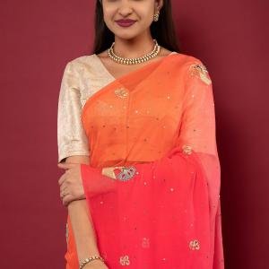 Orange & Pink Shaded Real Silver Work Saree | Pure Chiffon, Butta Design | Jaipurio Luxury Collection